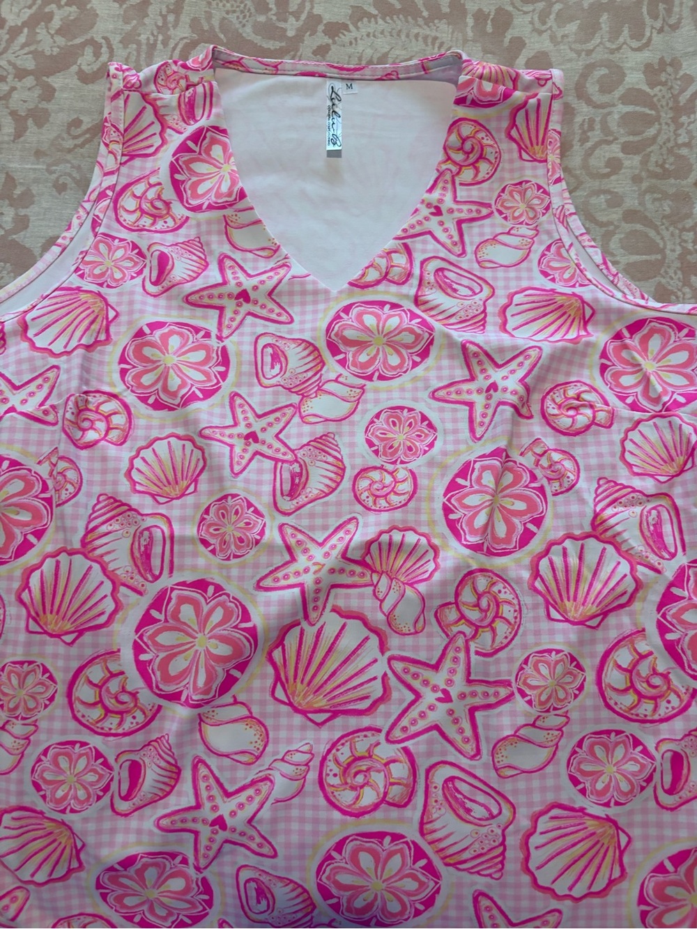 Lulu-B Women’s Pink Shell & Starfish Print V-Neck Tank Top Size Medium